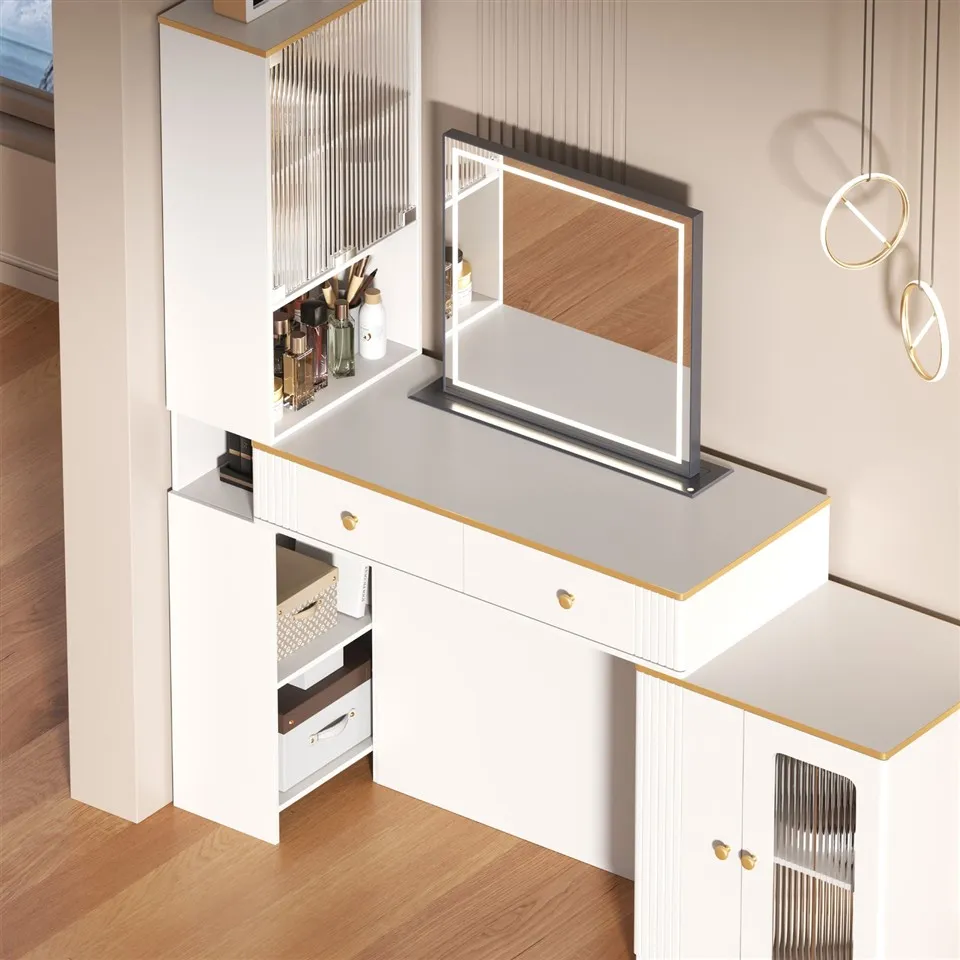Minimalist Style Dressing Table With Hidden Electric Lift Mirror And LED Lights suppliers